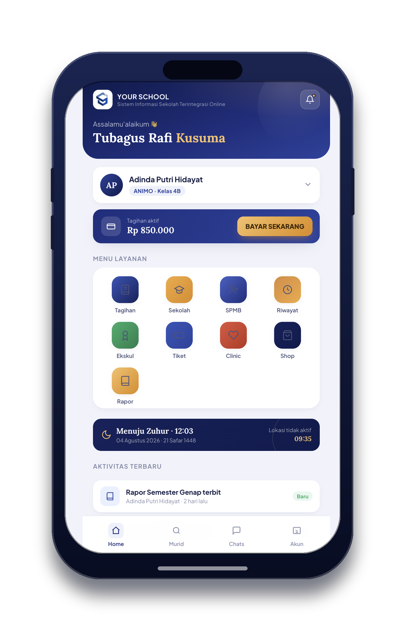 Tampilan aplikasi orang tua SISTO — dashboard sekolah